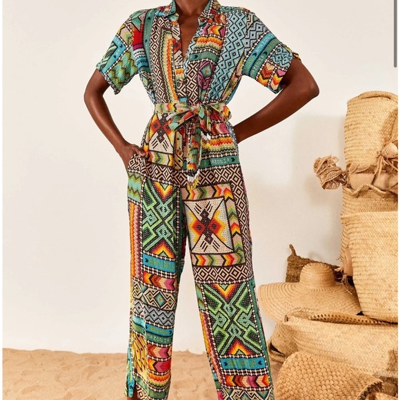 FARM Rio Pants - Farm Rio Banana Scarves Belted Jumpsuit